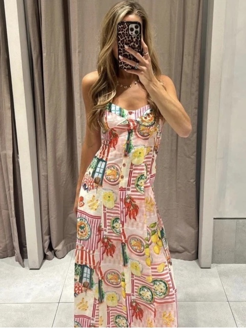 Zara Strap fitted Midi Dress with colourful italien print Print rare! Size small